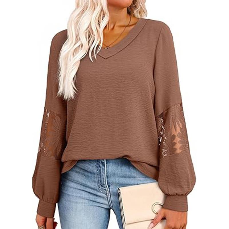 New Spring and Autumn Women's V-neck Long-sleeved Lace Fashionable Casual Tops
