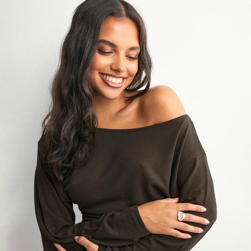 Y25TP365 Women's One-Shoulder Batwing Sleeve Waist-Cinched Solid Color Autumn Pullover Top