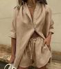 Women's Two Piece Set Short Sleeve Button Crop Shirt Drawstring Shorts Summer Outfit