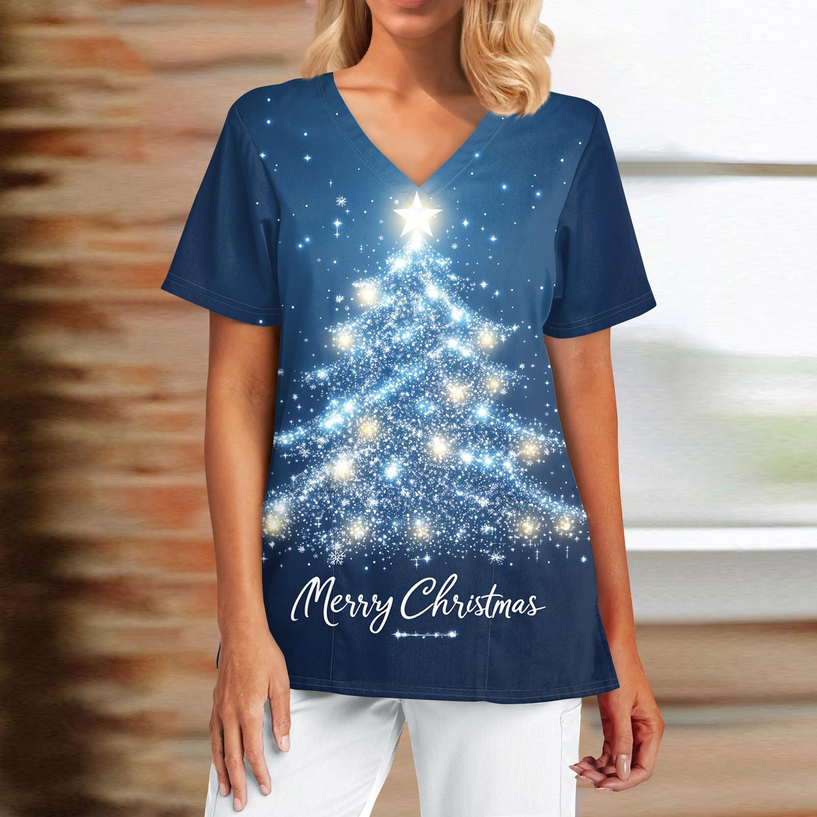 

Женская модная футболка с короткими рукавами, V-образным вырезом и маленькими карманами с рождественским принтом XXXL синий