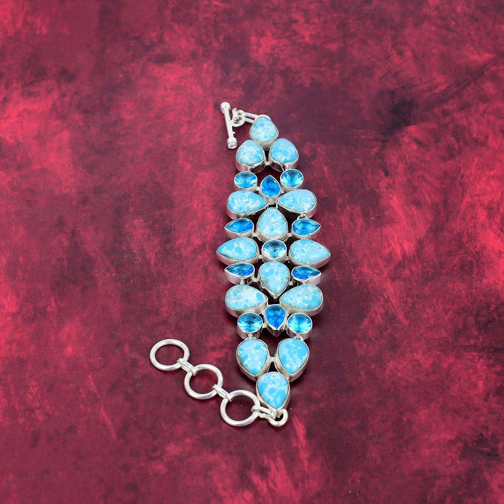 Larimar, Blue Topaz Bracelet Gemstone Jewelry, 925 Solid Sterling Silver Handmade Bracelet, Latest Design Jewelry