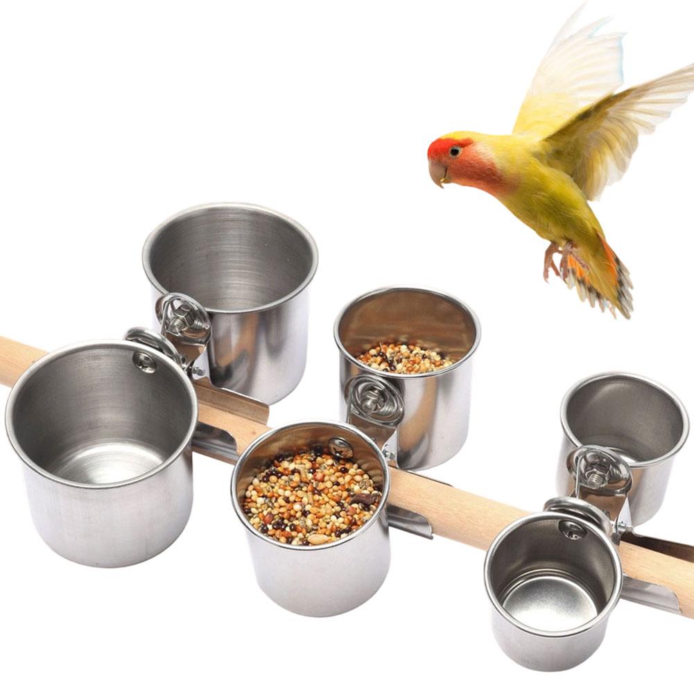 Parrot Feeding Cups Stainless Steel Food Water Bowls with Clamp Holder Bird Cage Feeders for Parakeet Small Animals