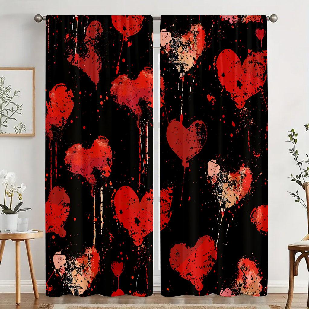 2 Stück Rot und schwarz gesprenkelte Tinte Liebesvorhänge Valentinstag-Thema Wohnzimmer Schlafzimmer Stangentasche Fensterdekoration