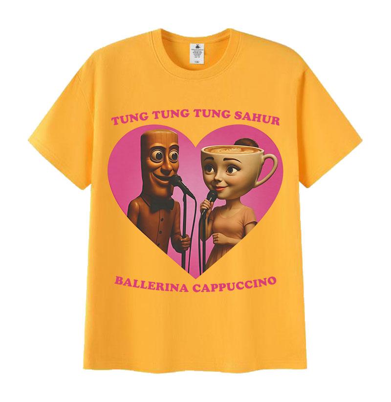 Tung Tung Tung Sahur Ballerine Cappuccino Amour Mème Drôle T-shirt Cerveau Italien Graphique Hommes Femmes T-shirt 100% Coton T-shirts
