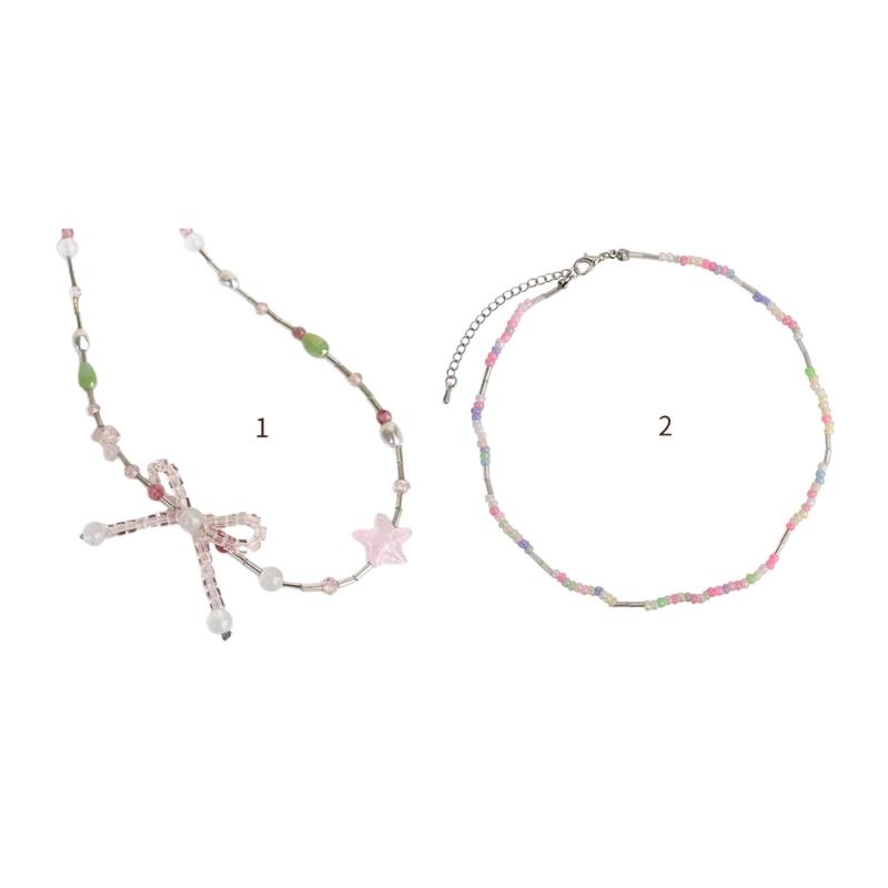Bowknot Beaded Choker Colorful Beaded Necklaces Bowknot Necklace Artificial Crystal Material Gift for Girls Children