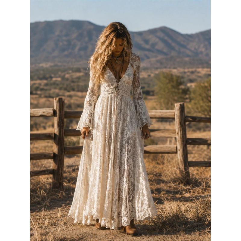European and American style, lace long-sleeved collar retro dress, slim-fitting and thin long dress women's clothing