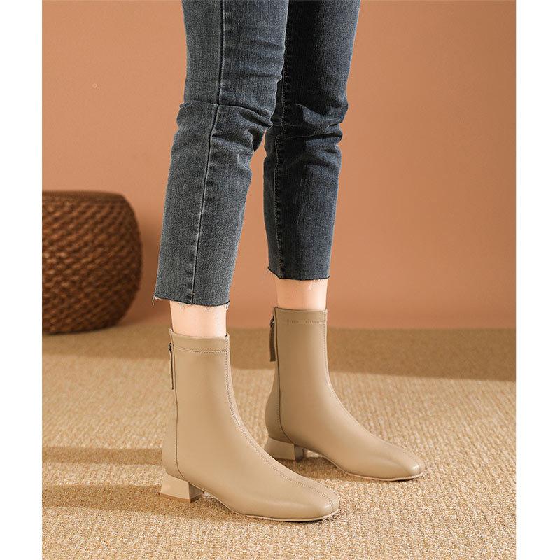French small short boots women's spring and autumn single boots 2024 new low-heeled medium boots temperament square head thick heel thin boots