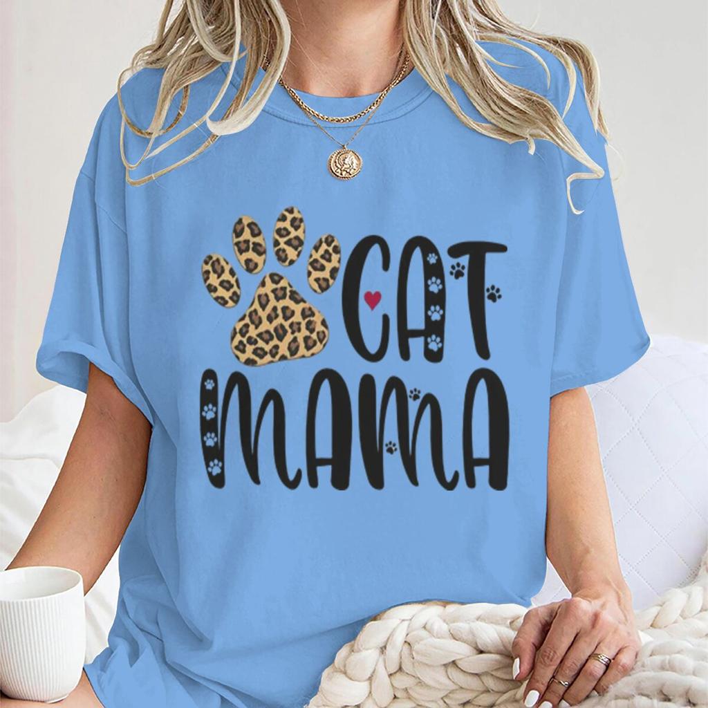 Cat Mama Vintage Cat Paw Printed T Shirts Women Casual Short Sleeve Tshirts Round Neck Tees For Animal Lover Gifts Female Tops