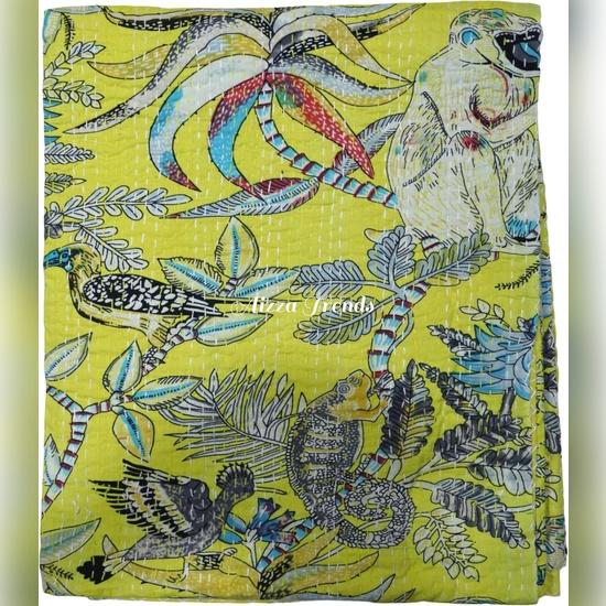 Aizza Trends Handmade Pure Cotton Monkey Print Kantha Quilt  - Traditional Look Bed Spread Kantha Gudri - Vintage Hand Stitch Gudri