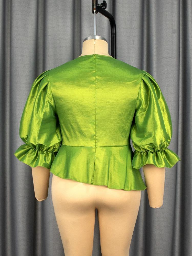 Elegant Women Party Blouse Shirt O Neck Short Puff Sleeve Irregular Peplum Belly Cover Bodycon Fashion Tops Female Birthday New