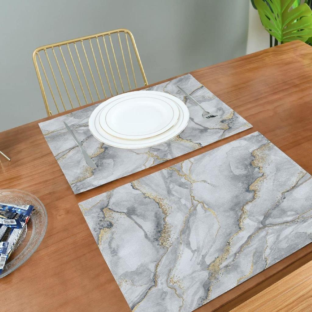 Placemats Set of 6, Abstract Texture White Marble Gold Veins Dining Table Mats Non Slip Vinyl Placemat Kitchen Heat Resistant Washable