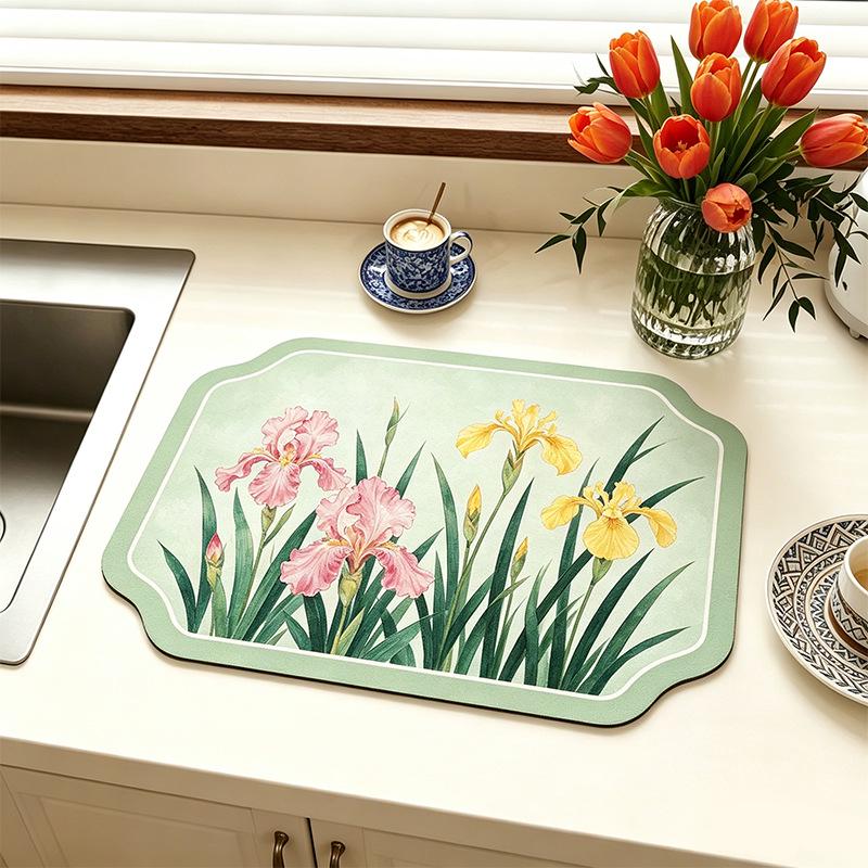 Chinese-Style Irregular Flower & Bird Diatom Mud Coffee Mat: Stain-Resistant, Easy-Clean, Non-Slip Kitchen Draining Mat