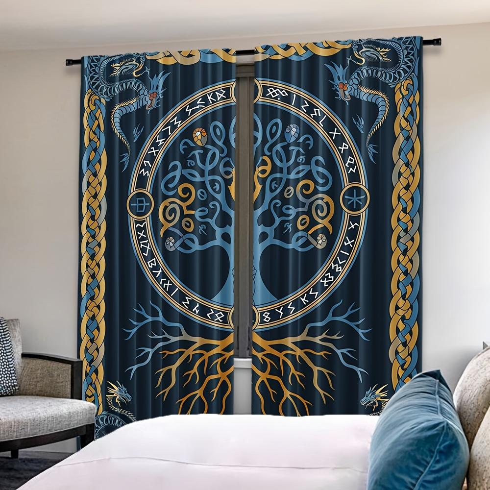 Set Of 2 Viking Tree Life Curtains Scandinavian Pirate Style Woven Polyester Pongee Semi Sheer Roller Embossing Mach Curtain With Room Darkening