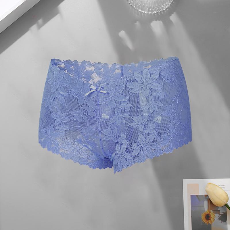Women‘s Sexy Lace Floral Boxer Shorts Panties Female Solid Color Hollow Out High Waist Boyshort Elastic Perspective Lingerie