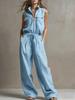Women Sleeveless Stand Collar Front Zipper Pocket Drawstring Waist Wide Leg Set