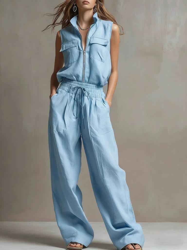 Women Sleeveless Stand Collar Front Zipper Pocket Drawstring Waist Wide Leg Set