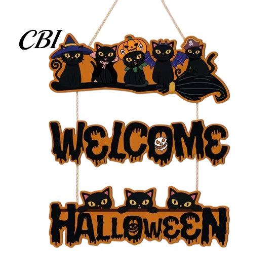 Elegant Natural Wood Sign Halloween Wooden Door Sign, Black Cats Broom Front Hanger, Rustic Hanging Welcome for Home Window Wall Party Decor