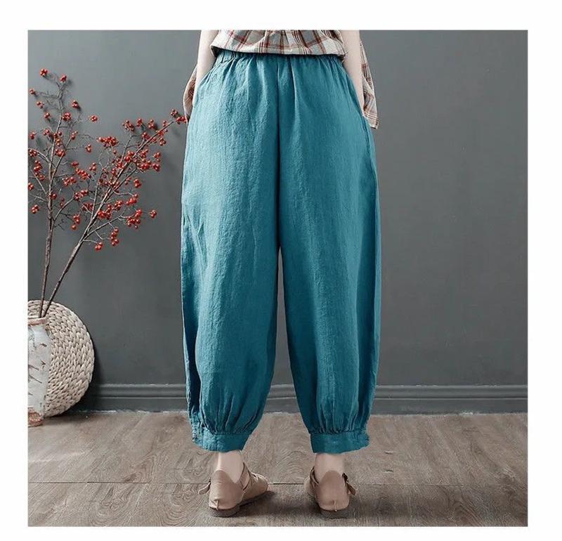 Vintage Harajuku Loose Cotton Linen Bloomers Pants Women Summer Oversize High Waist Elastic Korean Pockets Y2k Pants