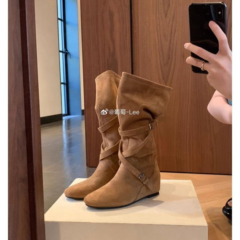 Height Increase Cm~ Round Head Buckle with Soft Pleated Thin Medium Boots Women's High-heeled Boots