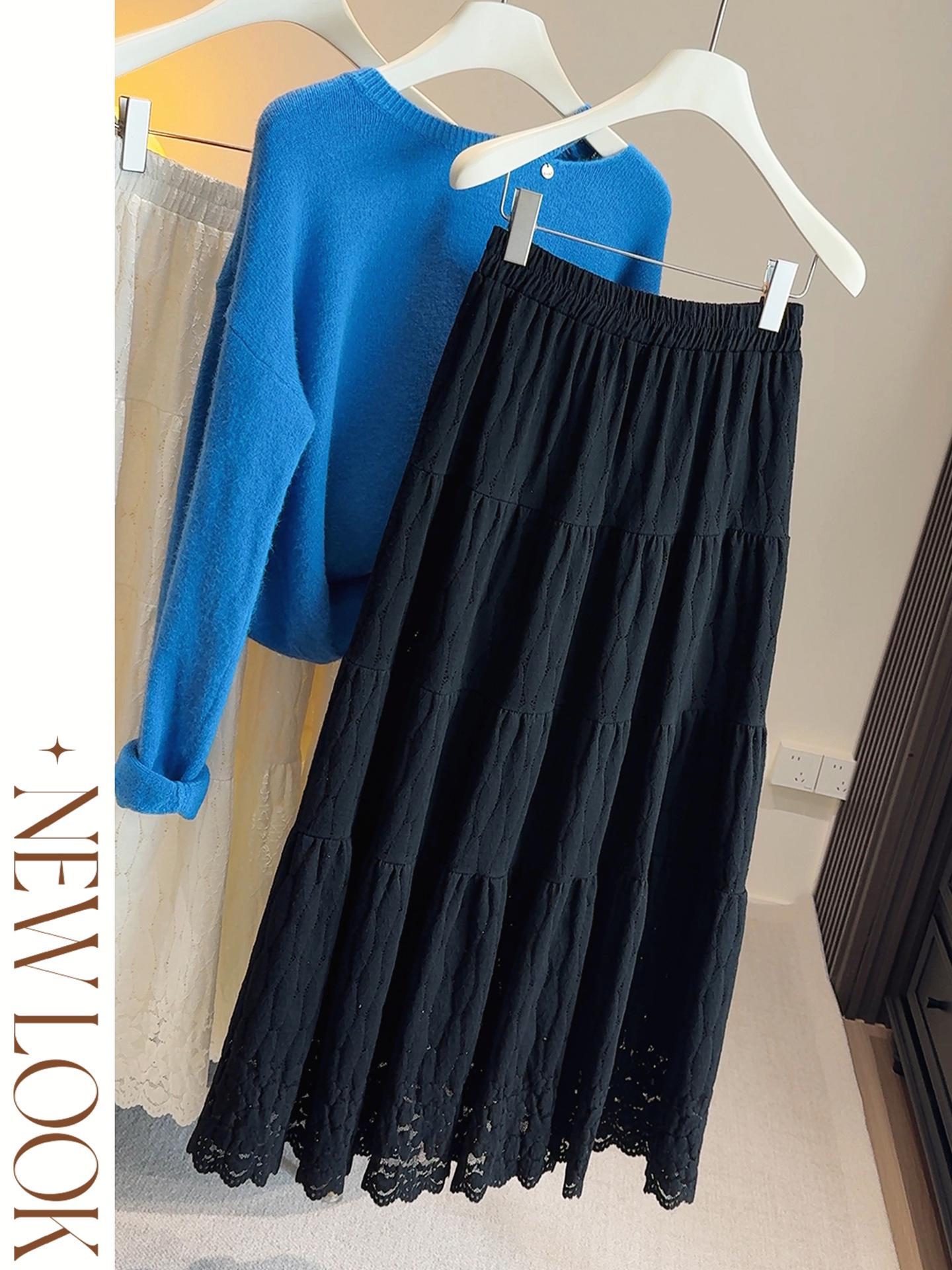 High Waist Layered French Lace Jacquard Skirt - Women s Autumn/Winter A-line Drape One Size чёрный