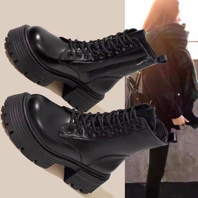 New thick-soled black Martin boots autumn and winter British style thick heel short boots small height-increasing boots