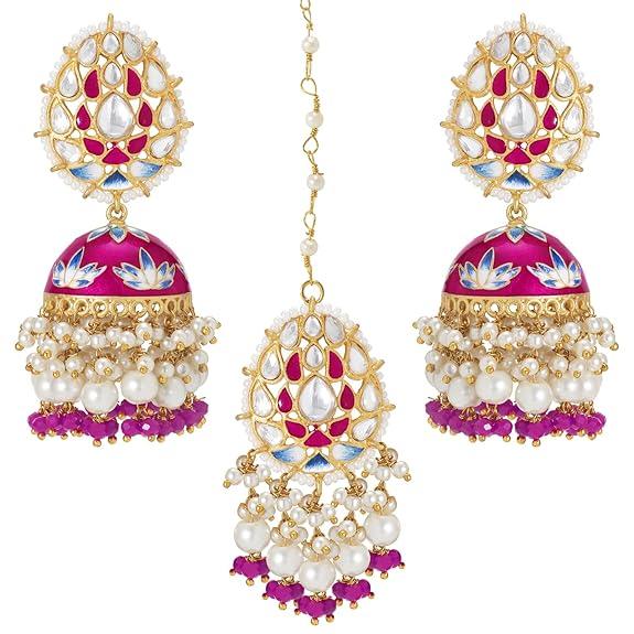 Traditional Gold Plated Jhumki Earrings with Maang Tikka Jewellery Set for Women Girls