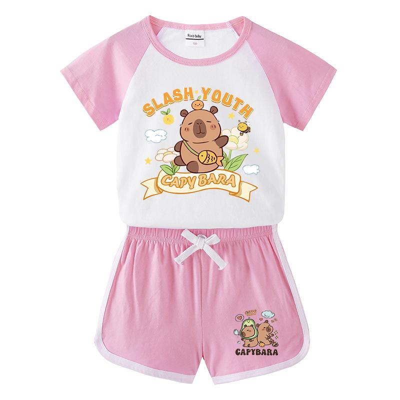 Kids' Summer Color Block Two-Piece Set: Casual T-shirt & Shorts