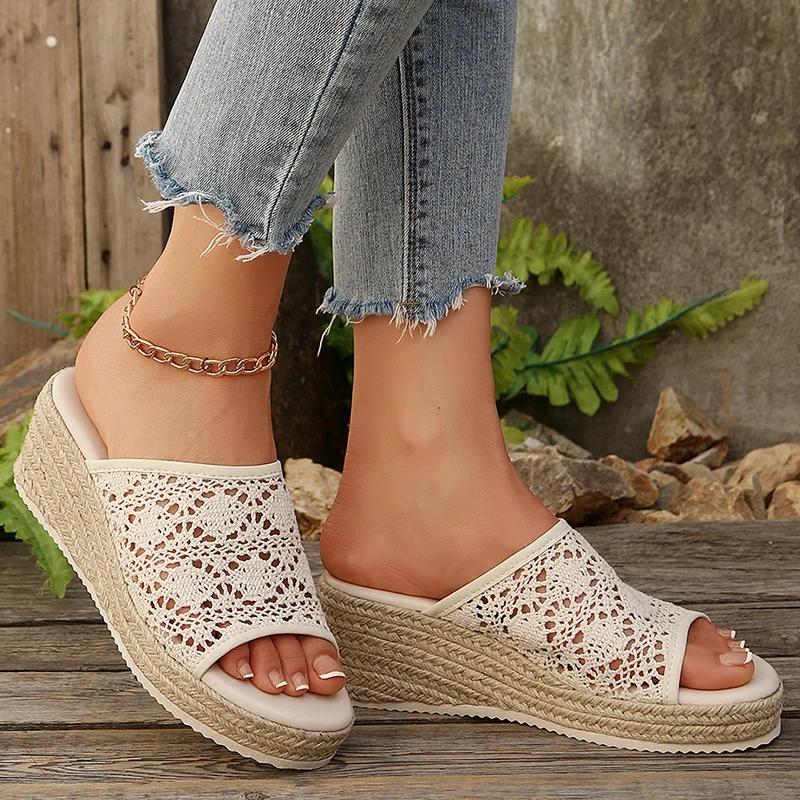 Fashion Plus Size 36-43 Braided Wedge Sandals Women 2025 Summer Linen Thick Sole Slippers Woman Comfy Hollow Out Platform Sandles Female