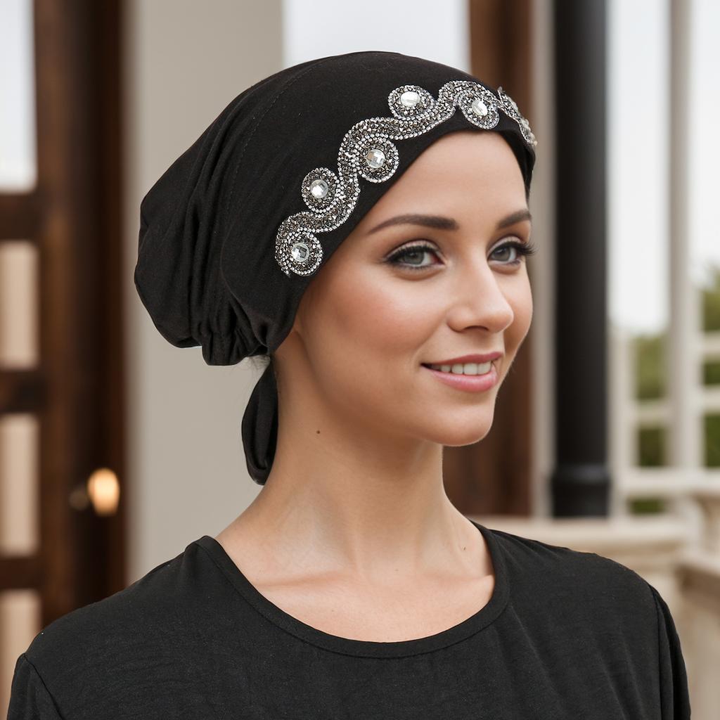 New Modal Rhinestone Band Muslim Turban Hat Inner Hijab Caps Islamic Underscarf Bonnet India Hats Female Headwrap Turbante Mujer