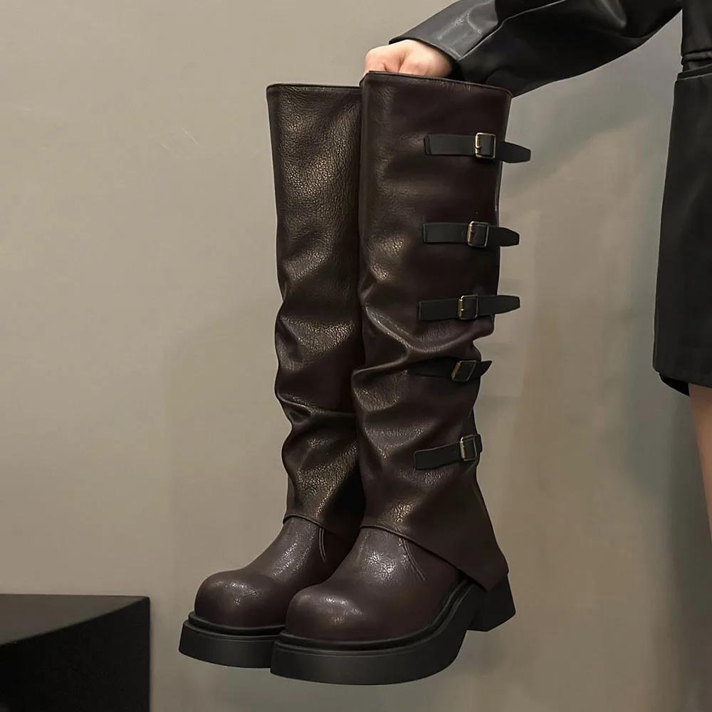 Fashion Brand New Buckle Strap Wasteland Vintage Brown Y2k Knee High Motorcycle Boots Maillard Style Black Trouser Leg Boots Women Shoes