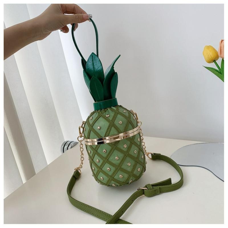 Nuova Borsa a Tracolla da Donna Personalizzata a Forma di Ananas Piccola Fresca per Ragazza Adolescente Singola Spalla Stile Straniero Intrecciata con Borchie e Catena Chiusura Borsa Rotonda