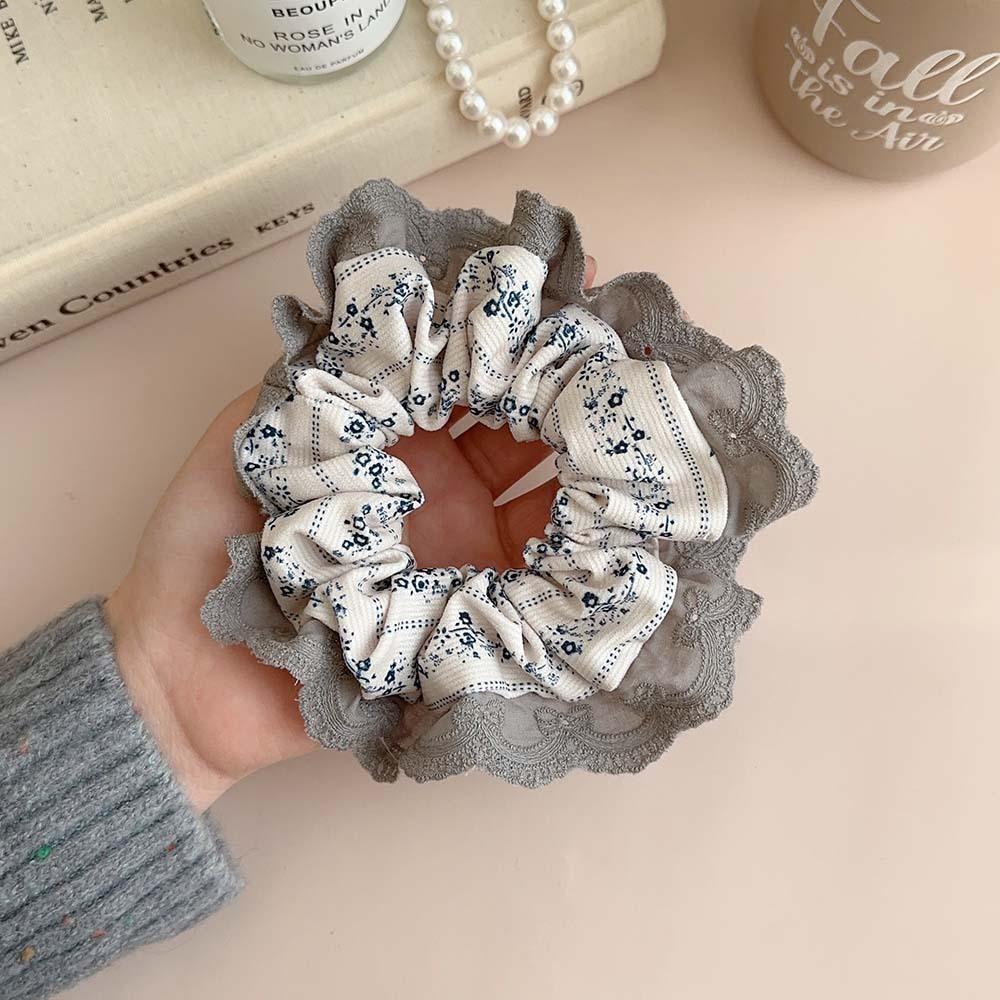 

New White Gray Floral Scrunchies Hairbands Lace Sweet Hair Ropes Ties Girls Preppy Chic Rubber Band Elegant Ponytail Holder сірий