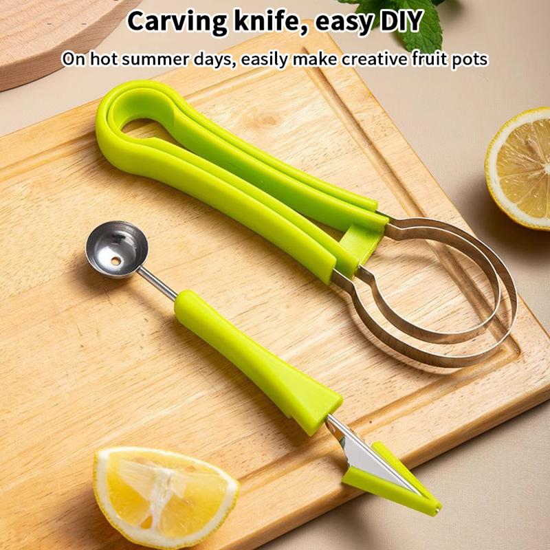 1Pcs Green 3 In 1 Fruit Cutter Scoop Carving Knife Fruit Dig Pulp Separator Fruit Platter Kitchen Gadgets Acces