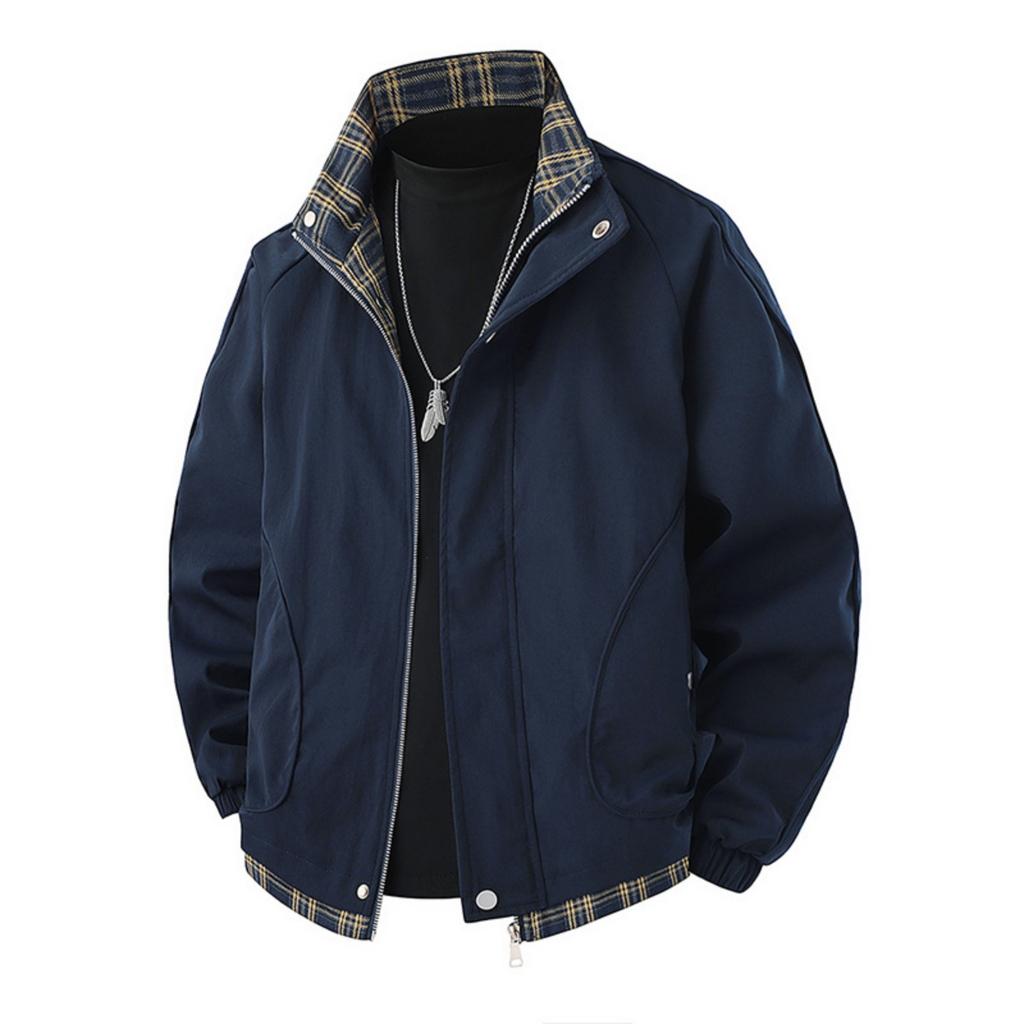 Men's Casual Checkered Patchwork Style Sports Jacket, Men's Loose Stand-up Collar Work Jacket