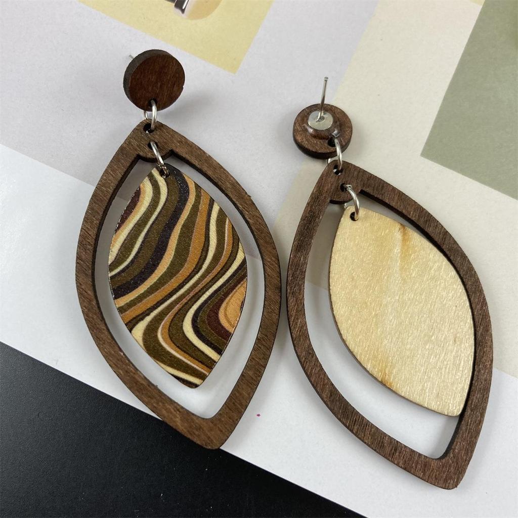 Bohemian Retro Wooden Leaf Earrings - Water Ripple Style