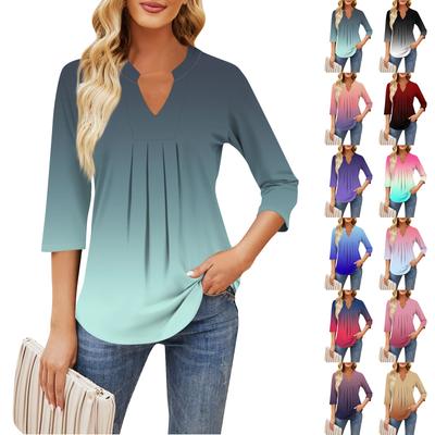 Tops femininos com mangas sete quartos, decote em V casual, babados no peito, cor sólida, camiseta solta