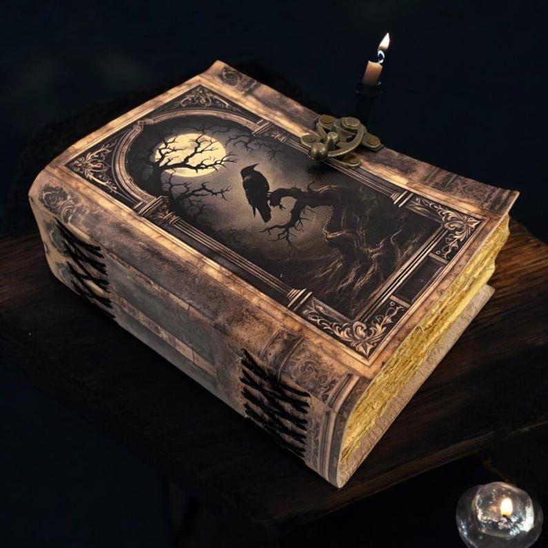 Leather Journal Gothic Notebook The Raven Grimoire Print - Vintage Handamde Journal Book of Shadows Witchcrafts Journal Gifts for Men