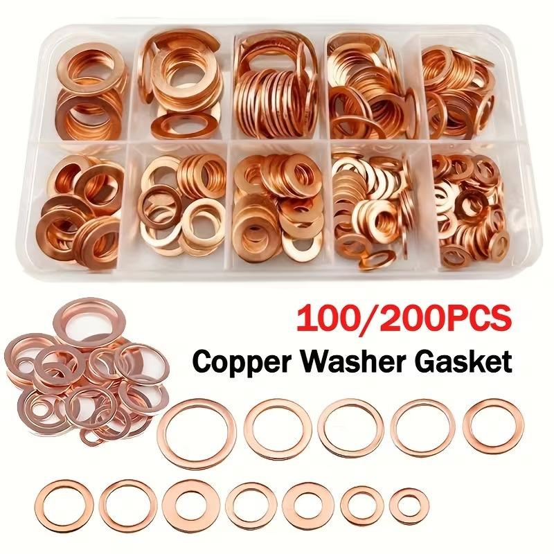 Red Copper Washer Set: 100/200pcs M5-M14 Sealing Gasket Repair Toolbox