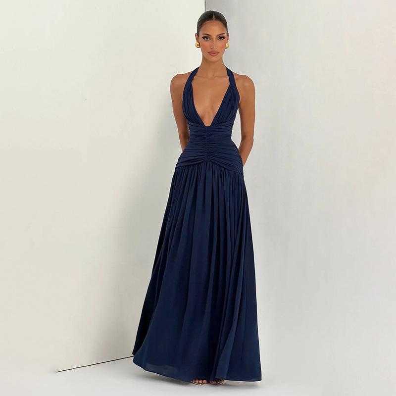 J26DS080 European & American Women's V-neck Tie-up Slit Dress - Spring/Summer Collection