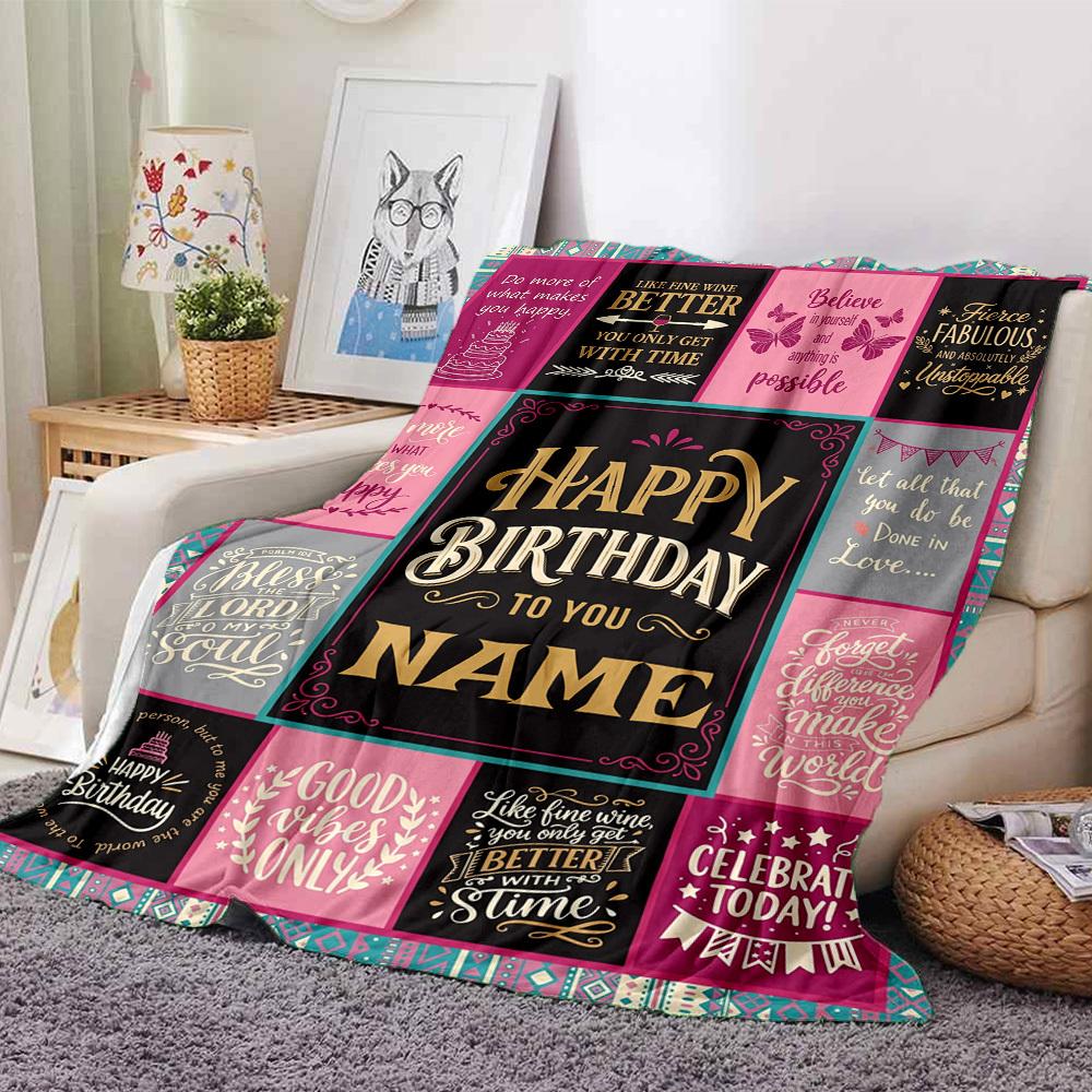 Happy Birthday Celebration Quotes Lightweight Customizable Blanket Customize Your Name Ultrasoft Perfect For Sofa Couch Office Bed Picnics Four