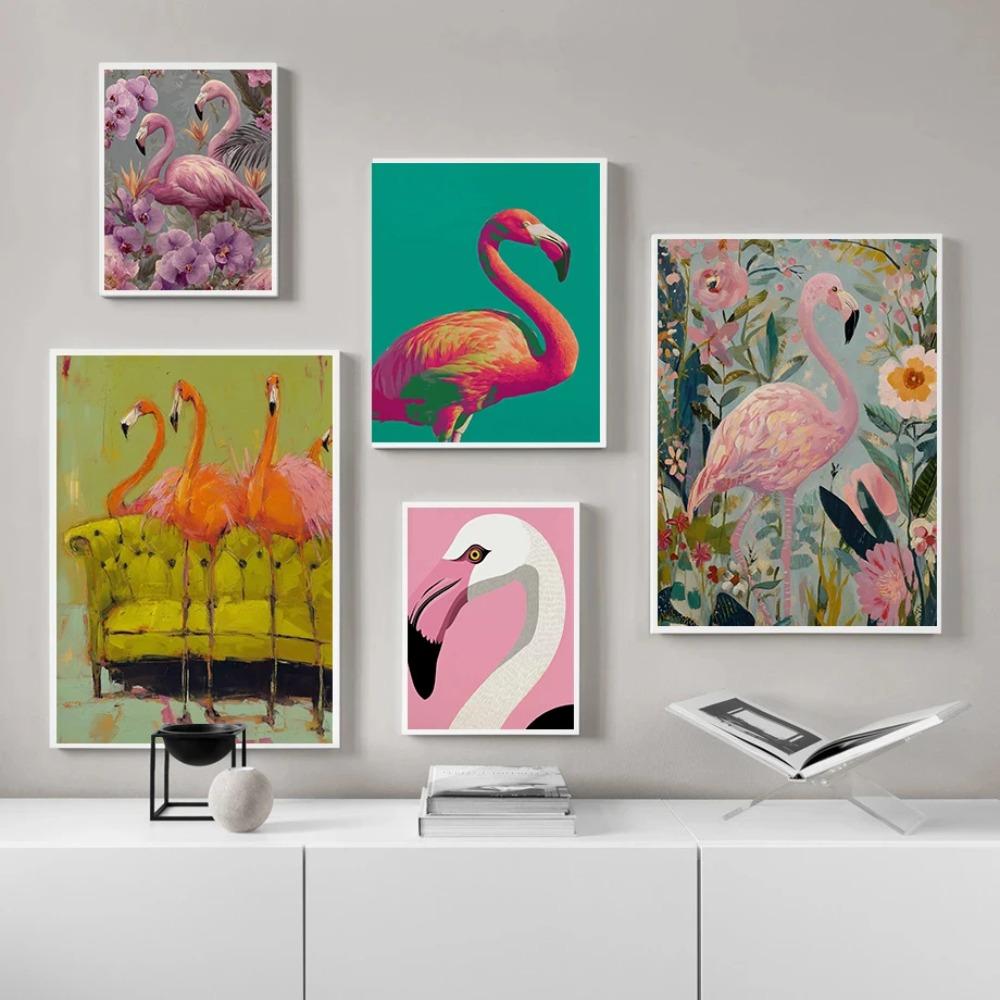 Colorful Vintage Flamingo Illustration Posters Natural Flowers Modern Prints Canvas Wall Art Pictures Home Living Room Decor