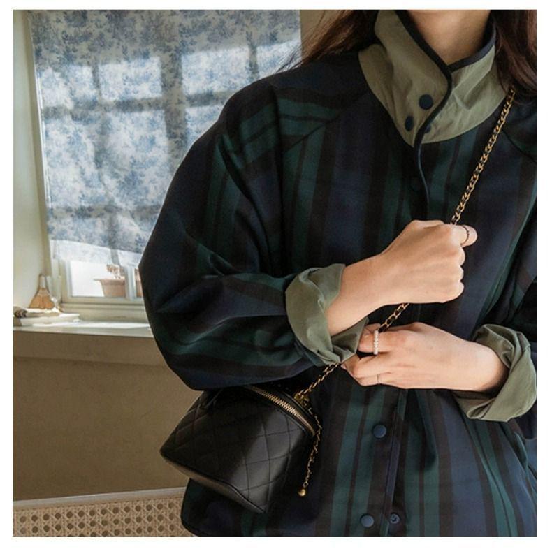 Women's Versatile Reversible Plaid Short Jacket - Korean Style, Spring/Autumn 2025, Loose Fit, Small Size Trench Coat