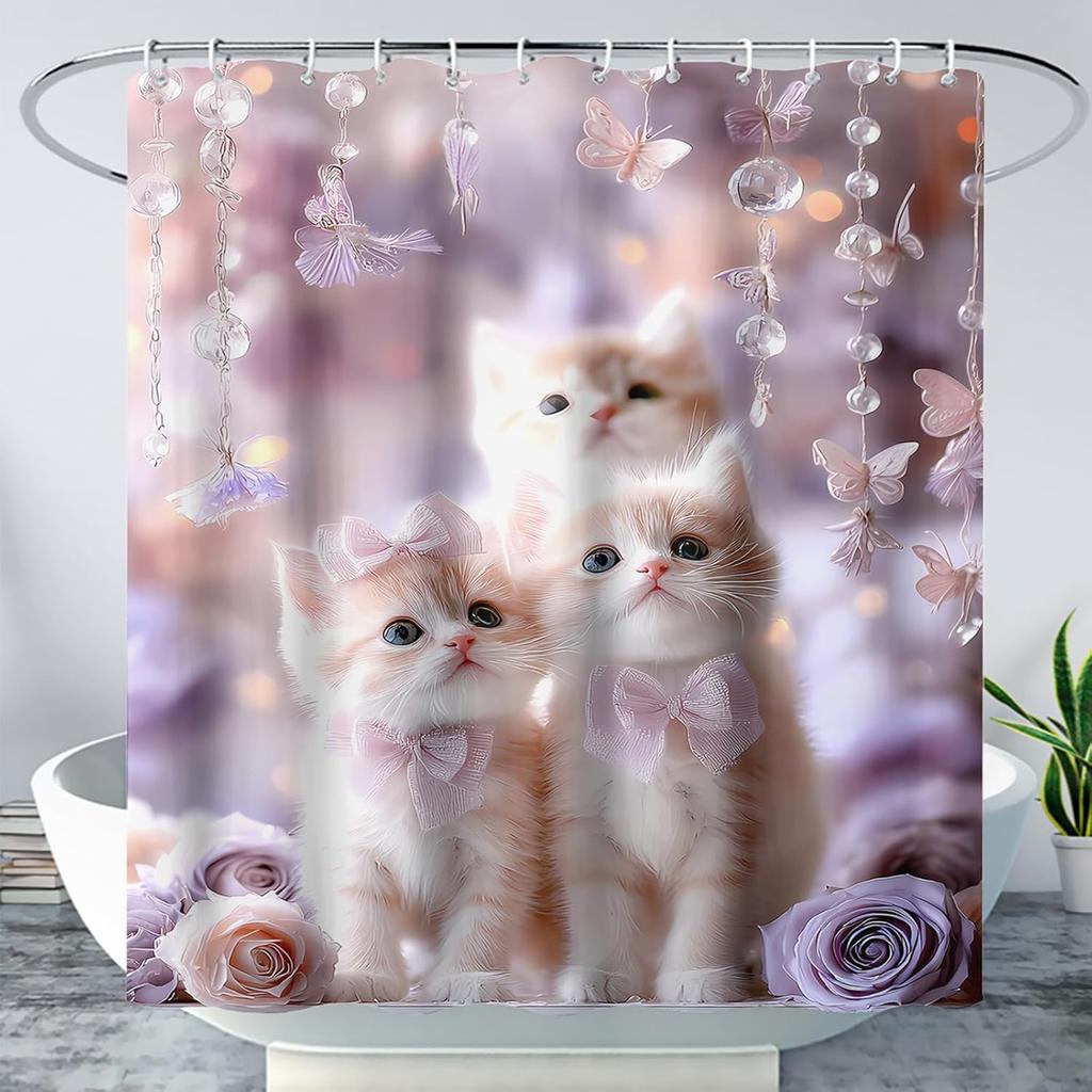 Cute Cat Cartoon Pet Cat Kitten Bathroom Curtain,Cat Paw Print Cat Lover Bath Curtain Polyester Waterproof Bathroom Curtain Wi