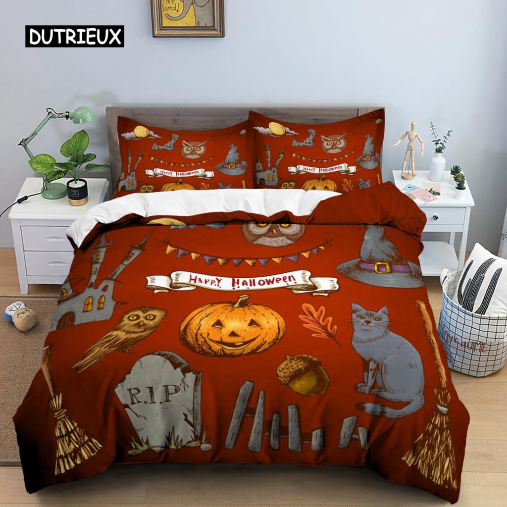 Happy Halloween King Queen Duvet Cover Orange Pumpkin Bedding Set Kids Teens Adults Bats Horror Festival Polyester Quilt Cover