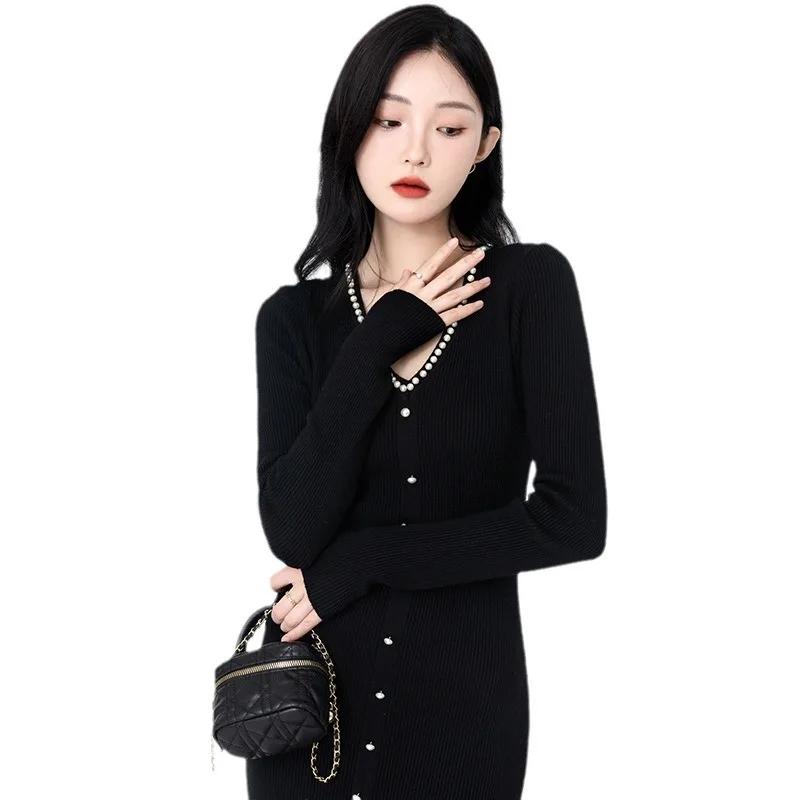Elegant Women's Knit Dress Solid Color V Neck Beaded Fall Winter Women's Senior Sense Skirt 2025 Autumn Luxury Dress Sexy Dressses for Women Outfits