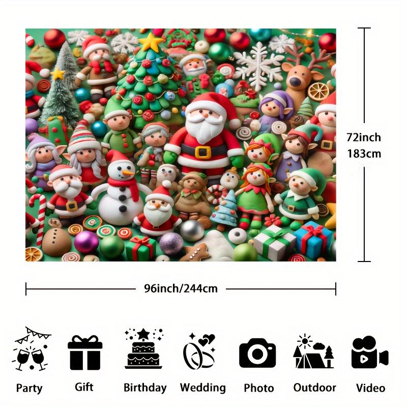 A charming Christmas polyester background cloth featuring Santa Claus, snowmen and elves - the perfect party decoration
