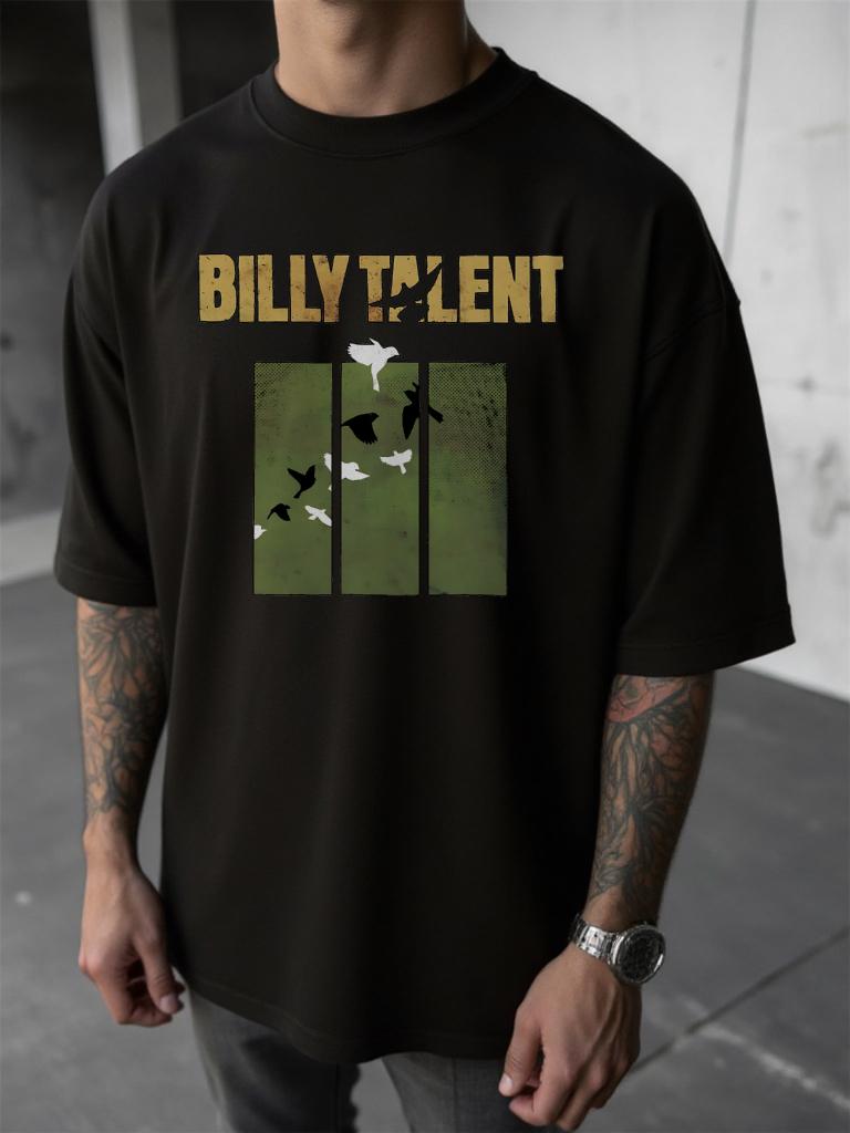 T-shirt Noir Homme avec Impression du Groupe Billy Talent et Motif d'Oiseaux Vêtement Décontracté Manches Courtes