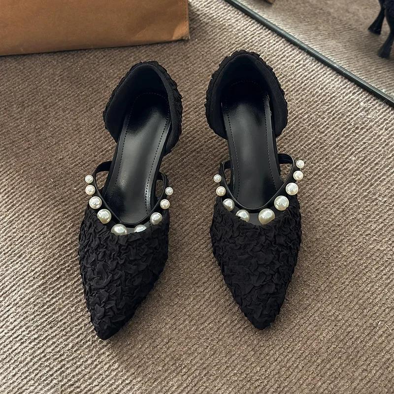 Pleated Pointed Toe Pumps Women Temperament Shallow Mouth Thin Heeled Zapatos Mujer Spring Solid Fashion Pearl Tacones Mujer