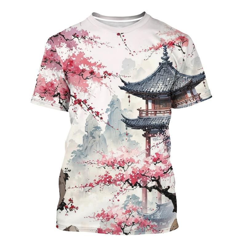 3D Printed Chinese Painting T Shirt For Men Landscape Flowers Pattern Short-Sleeved