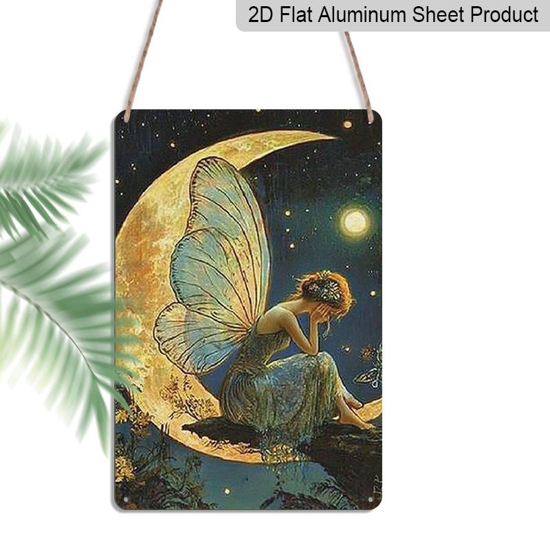 2D Flat 1pc Vintage Fantasy Fairy Moon Aluminum Sign-7.87*11.8 Inch Enchanting Wall Art with Crescent Moon & Stars, Durable Indoor/Outdoor Decor for